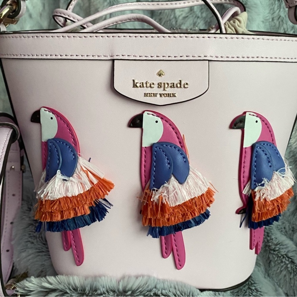 NWT Kate Spade Pippa Flock Party Crossbody Small Bucket Bag Parrot Pink